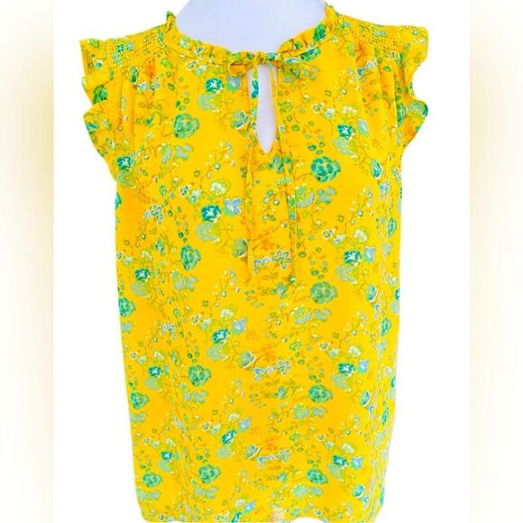 Rose & Olive Yellow Floral Blouse with Ruffle Cap Sleeves size Large - Picture 1 of 8
